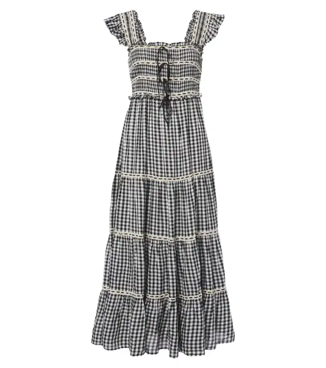 Rixo Chandra checked tiered cotton midi dress