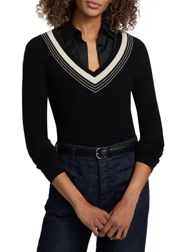 Nili Lotan Women's Aziel Striped Cashmere V-Neck Sweater - Black | Thumbnail 3 Nili Lotan Women's Aziel Striped Cashmere V-Neck Sweater - Black | Thumbnail 3