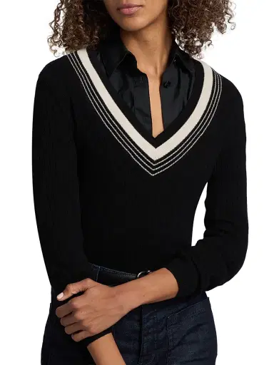 Nili Lotan Women's Aziel Striped Cashmere V-Neck Sweater - Black | Thumbnail 6 Nili Lotan Women's Aziel Striped Cashmere V-Neck Sweater - Black | Thumbnail 6