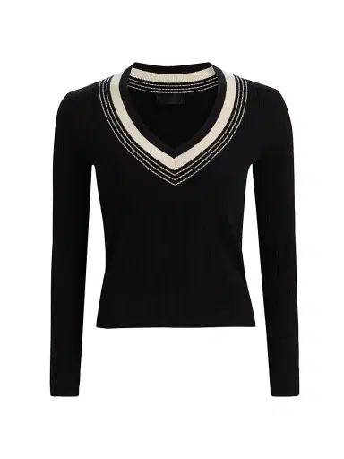 Nili Lotan Women's Aziel Striped Cashmere V-Neck Sweater - Black | Thumbnail 1 Nili Lotan Women's Aziel Striped Cashmere V-Neck Sweater - Black | Thumbnail 1