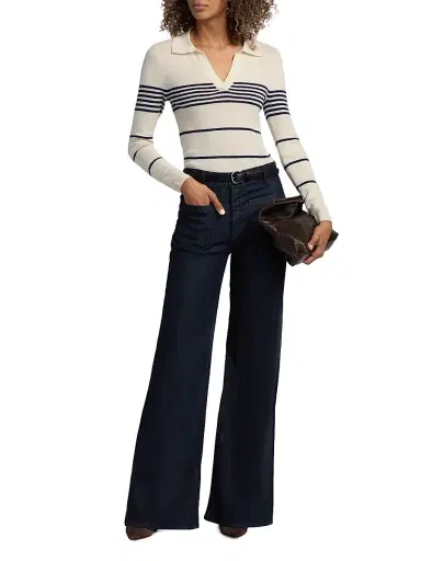 Nili Lotan Women's Lucille Striped Cashmere Polo Sweater - Ivory Navy Stripe - Size XL | Thumbnail 2 Nili Lotan Women's Lucille Striped Cashmere Polo Sweater - Ivory Navy Stripe - Size XL | Thumbnail 2