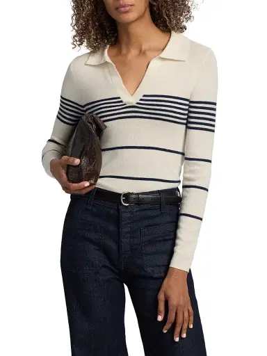 Nili Lotan Women's Lucille Striped Cashmere Polo Sweater - Ivory Navy Stripe - Size XL | Thumbnail 3 Nili Lotan Women's Lucille Striped Cashmere Polo Sweater - Ivory Navy Stripe - Size XL | Thumbnail 3