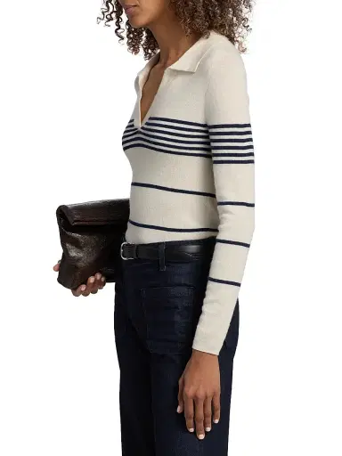 Nili Lotan Women's Lucille Striped Cashmere Polo Sweater - Ivory Navy Stripe - Size XL | Thumbnail 4 Nili Lotan Women's Lucille Striped Cashmere Polo Sweater - Ivory Navy Stripe - Size XL | Thumbnail 4