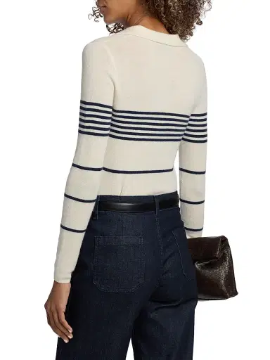Nili Lotan Women's Lucille Striped Cashmere Polo Sweater - Ivory Navy Stripe - Size XL | Thumbnail 5 Nili Lotan Women's Lucille Striped Cashmere Polo Sweater - Ivory Navy Stripe - Size XL | Thumbnail 5