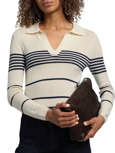 Nili Lotan Women's Lucille Striped Cashmere Polo Sweater - Ivory Navy Stripe - Size XL | Thumbnail 6 Nili Lotan Women's Lucille Striped Cashmere Polo Sweater - Ivory Navy Stripe - Size XL | Thumbnail 6