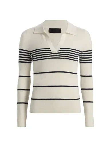 Nili Lotan Women's Lucille Striped Cashmere Polo Sweater - Ivory Navy Stripe - Size XL | Thumbnail 1 Nili Lotan Women's Lucille Striped Cashmere Polo Sweater - Ivory Navy Stripe - Size XL | Thumbnail 1