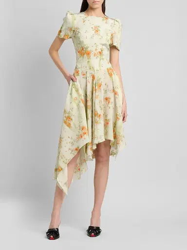Alexander McQueen Women's Puff-Sleeve Asymmetric-Hem Silk Midi Dress - Stone Tangerine - Size 12 | Thumbnail 2 Alexander McQueen Women's Puff-Sleeve Asymmetric-Hem Silk Midi Dress - Stone Tangerine - Size 12 | Thumbnail 2