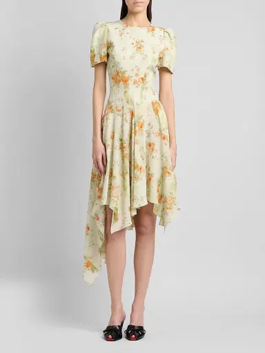 Alexander McQueen Women's Puff-Sleeve Asymmetric-Hem Silk Midi Dress - Stone Tangerine - Size 12 | Thumbnail 3 Alexander McQueen Women's Puff-Sleeve Asymmetric-Hem Silk Midi Dress - Stone Tangerine - Size 12 | Thumbnail 3