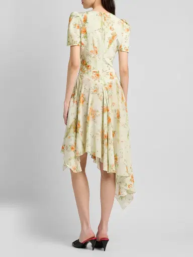 Alexander McQueen Women's Puff-Sleeve Asymmetric-Hem Silk Midi Dress - Stone Tangerine - Size 12 | Thumbnail 5 Alexander McQueen Women's Puff-Sleeve Asymmetric-Hem Silk Midi Dress - Stone Tangerine - Size 12 | Thumbnail 5