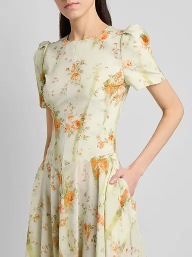 Alexander McQueen Women's Puff-Sleeve Asymmetric-Hem Silk Midi Dress - Stone Tangerine - Size 12 | Thumbnail 6 Alexander McQueen Women's Puff-Sleeve Asymmetric-Hem Silk Midi Dress - Stone Tangerine - Size 12 | Thumbnail 6
