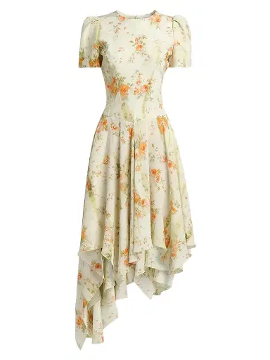 Alexander McQueen Women's Puff-Sleeve Asymmetric-Hem Silk Midi Dress - Stone Tangerine - Size 12 | Thumbnail 1 Alexander McQueen Women's Puff-Sleeve Asymmetric-Hem Silk Midi Dress - Stone Tangerine - Size 12 | Thumbnail 1
