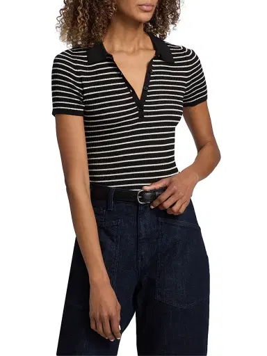Nili Lotan Women's Fenna Striped Silk Polo Shirt - Black Thin Ivory Stripe - Size XL | Thumbnail 3 Nili Lotan Women's Fenna Striped Silk Polo Shirt - Black Thin Ivory Stripe - Size XL | Thumbnail 3