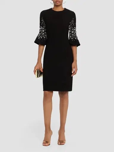 Teri Jon by Rickie Freeman Women's Crepe Flounce-Cuff Flower Pearl-Embellished Dress - Black Multi - Size 18 | Thumbnail 2