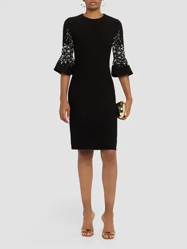 Teri Jon by Rickie Freeman Women's Crepe Flounce-Cuff Flower Pearl-Embellished Dress - Black Multi - Size 18 | Thumbnail 3
