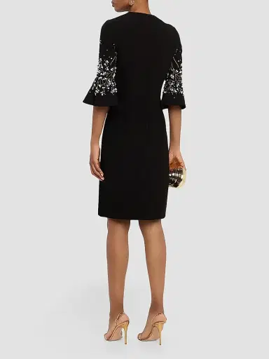 Teri Jon by Rickie Freeman Women's Crepe Flounce-Cuff Flower Pearl-Embellished Dress - Black Multi - Size 18 | Thumbnail 4