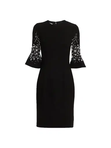 Teri Jon by Rickie Freeman Women's Crepe Flounce-Cuff Flower Pearl-Embellished Dress - Black Multi - Size 18 | Thumbnail 1