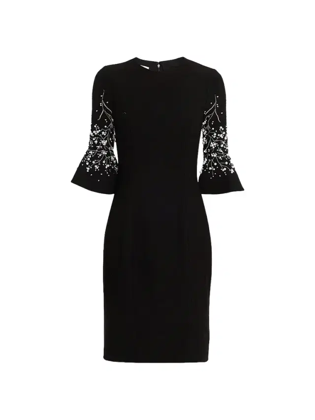 Teri Jon by Rickie Freeman Women's Crepe Flounce-Cuff Flower Pearl-Embellished Dress - Black Multi