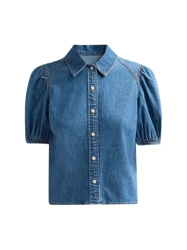 Veronica Beard Women's Leandor Denim Puff-Sleeve Top - Bandit Light