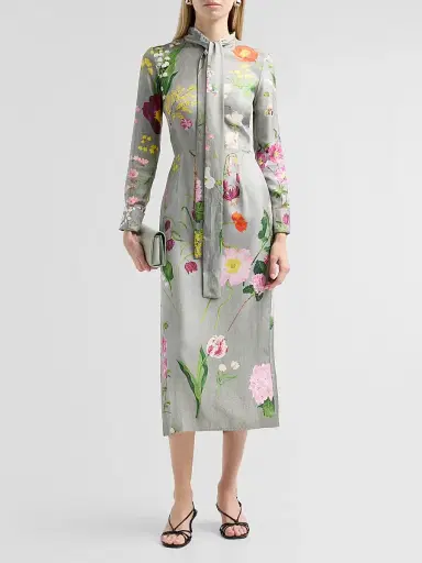 Oscar de la Renta Women's Mixed Botanical Silk Long-Sleeve Midi Dress | Thumbnail 2