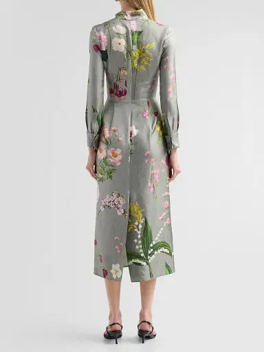 Oscar de la Renta Women's Mixed Botanical Silk Long-Sleeve Midi Dress | Thumbnail 3