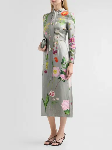 Oscar de la Renta Women's Mixed Botanical Silk Long-Sleeve Midi Dress | Thumbnail 4