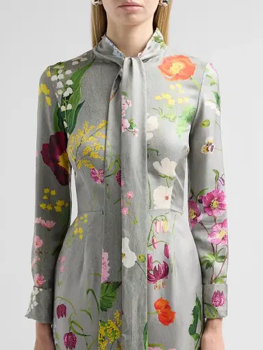 Oscar de la Renta Women's Mixed Botanical Silk Long-Sleeve Midi Dress | Thumbnail 5
