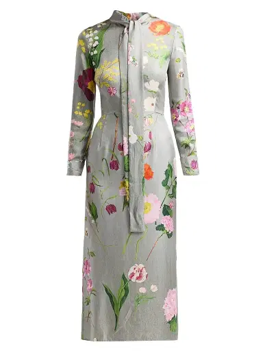 Oscar de la Renta Women's Mixed Botanical Silk Long-Sleeve Midi Dress | Thumbnail 1