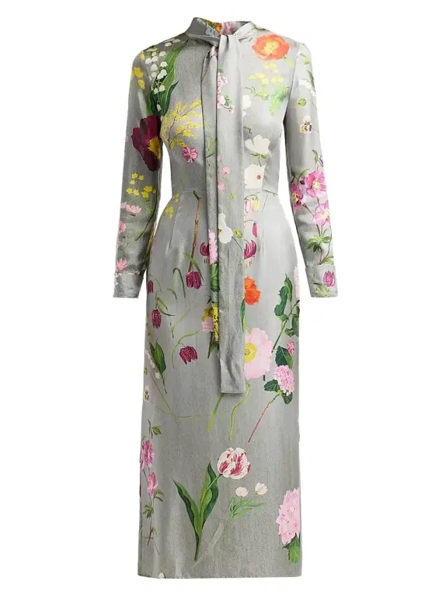 Oscar de la Renta Women's Mixed Botanical Silk Long-Sleeve Midi Dress - Grey Multi