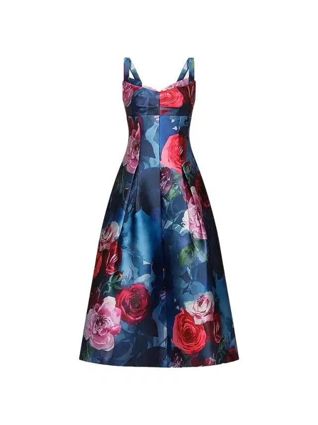 Kay Unger Women's Adria Floral Satin Tea-Length Dress - Ink Blue Multi