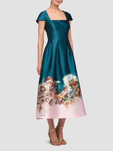 Kay Unger Women's Amaya Satin Floral-Hem Tea-Length Dress - Teal Pink | Thumbnail 3 Kay Unger Women's Amaya Satin Floral-Hem Tea-Length Dress - Teal Pink | Thumbnail 3