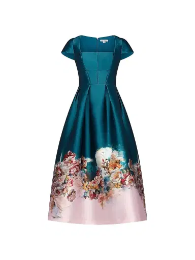 Kay Unger Women's Amaya Satin Floral-Hem Tea-Length Dress - Teal Pink | Thumbnail 1 Kay Unger Women's Amaya Satin Floral-Hem Tea-Length Dress - Teal Pink | Thumbnail 1