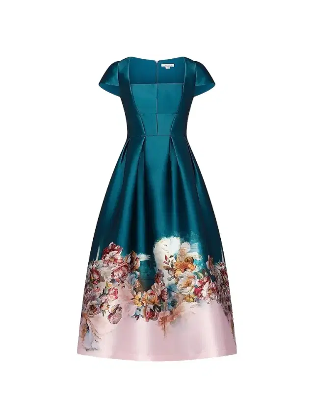 Kay Unger Women's Amaya Satin Floral-Hem Tea-Length Dress - Teal Pink