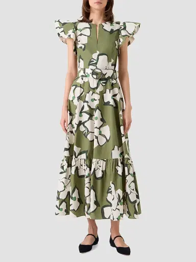 Akris punto Women's Floral Cotton Belted Midi Dress - Green Tea Cream Olive - Size 12 | Thumbnail 2