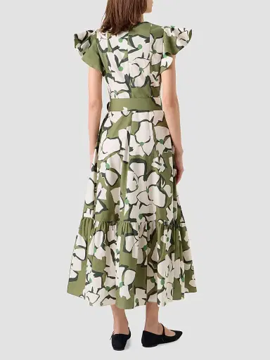 Akris punto Women's Floral Cotton Belted Midi Dress - Green Tea Cream Olive - Size 12 | Thumbnail 3