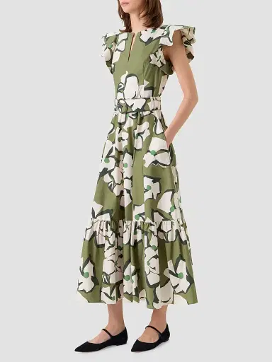 Akris punto Women's Floral Cotton Belted Midi Dress - Green Tea Cream Olive - Size 12 | Thumbnail 4