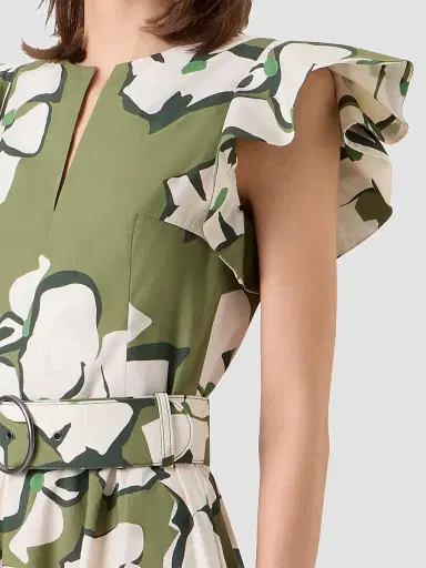 Akris punto Women's Floral Cotton Belted Midi Dress - Green Tea Cream Olive - Size 12 | Thumbnail 5