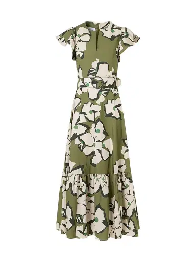 Akris punto Women's Floral Cotton Belted Midi Dress - Green Tea Cream Olive - Size 12 | Thumbnail 1