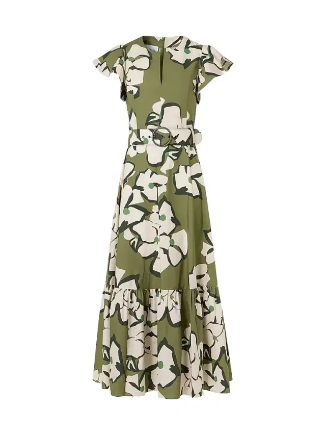 Akris punto Women's Floral Cotton Belted Midi Dress - Green Tea Cream Olive