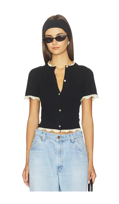 Alice + Olivia Ciara Shortsleeve Cardigan With Trim