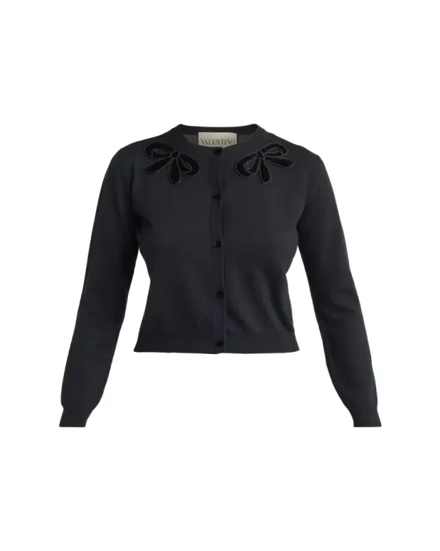 Valentino Garavani Velvet Bow Wool Crewneck Cardigan