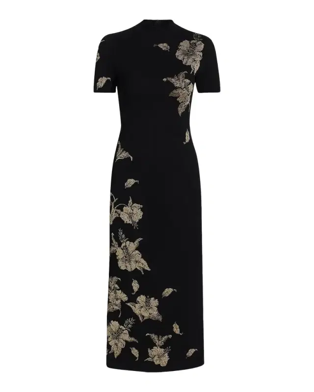 Oscar de la Renta Metallic Hibiscus Flower Knit Short-Sleeve Midi Dress