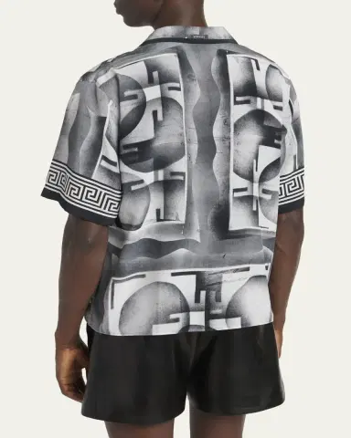 Versace Men's Silk Abstract La Greca-Trim Camp Shirt | Thumbnail 3 Versace Men's Silk Abstract La Greca-Trim Camp Shirt | Thumbnail 3