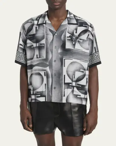 Versace Men's Silk Abstract La Greca-Trim Camp Shirt | Thumbnail 4 Versace Men's Silk Abstract La Greca-Trim Camp Shirt | Thumbnail 4