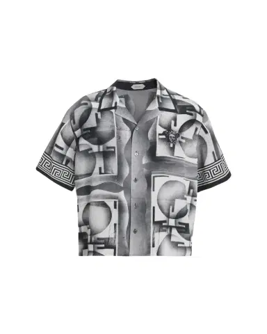 Versace Men's Silk Abstract La Greca-Trim Camp Shirt | Thumbnail 1 Versace Men's Silk Abstract La Greca-Trim Camp Shirt | Thumbnail 1