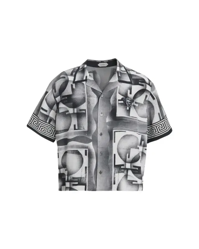Versace Men's Silk Abstract La Greca-Trim Camp Shirt