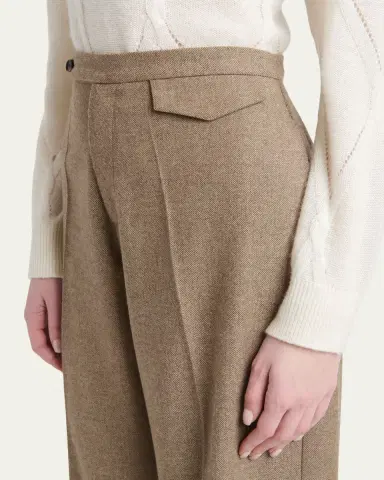 Kiton Herringbone Wool-Cashmere Wide-Leg Trousers | Thumbnail 5