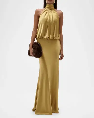 Amsale Long Satin Halter Blouson Gown | Thumbnail 2 Amsale Long Satin Halter Blouson Gown | Thumbnail 2