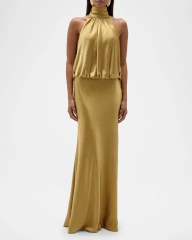 Amsale Long Satin Halter Blouson Gown | Thumbnail 4 Amsale Long Satin Halter Blouson Gown | Thumbnail 4