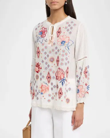 Johnny Was Margaret Embroidered Cotton-Silk Blouse | Thumbnail 4 Johnny Was Margaret Embroidered Cotton-Silk Blouse | Thumbnail 4