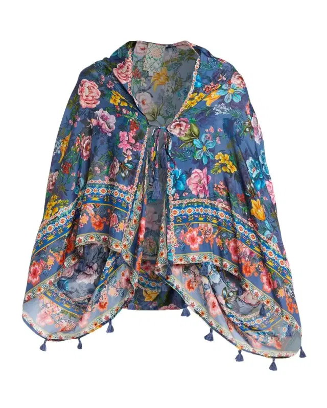 Johnny Was Ercilla Tasseled Floral-Print Silk Wrap Jacket